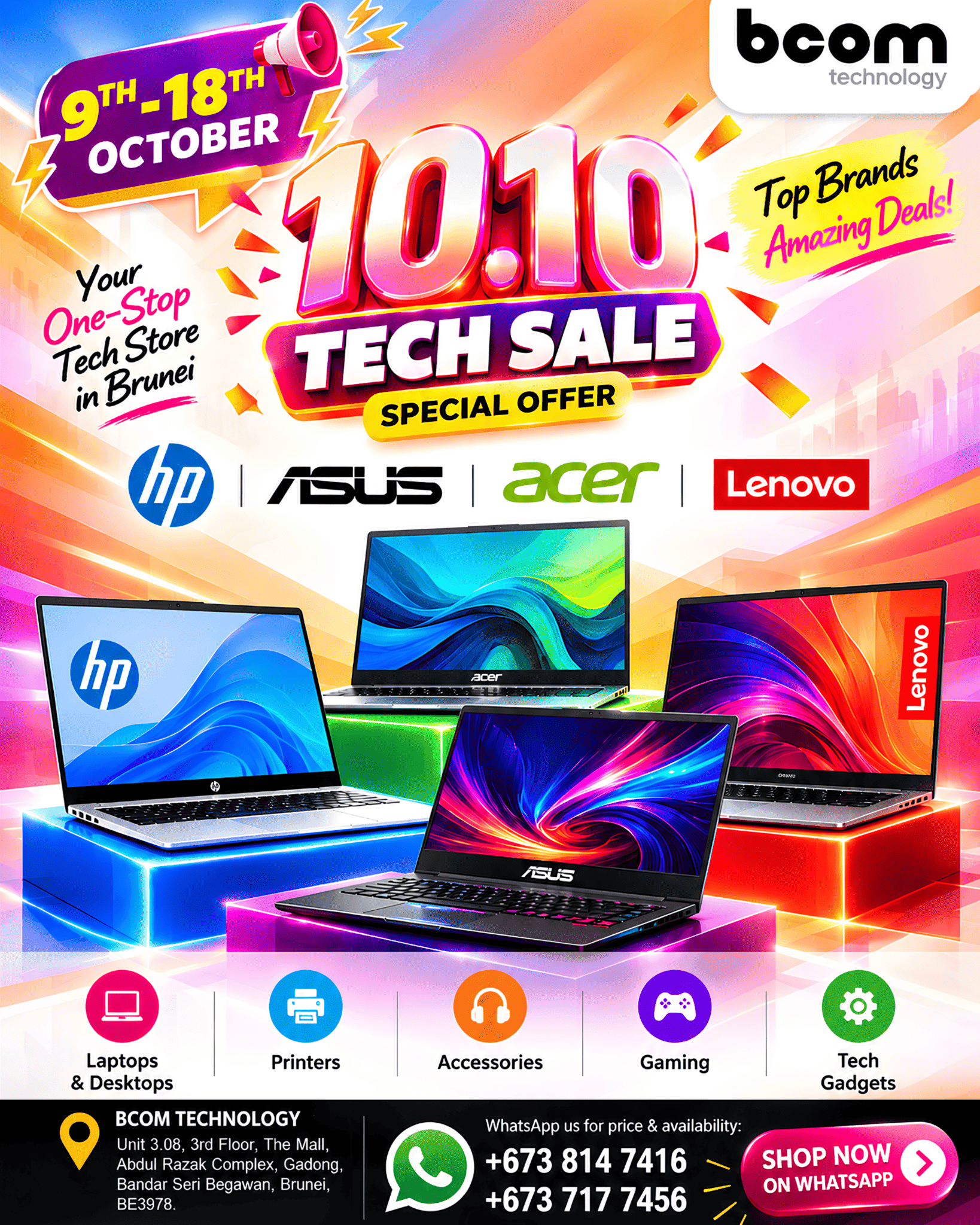 BCOM Technology 10.10 Tech Sale, 9–18 October, featuring laptops, desktops, gaming, printers and tech gadgets